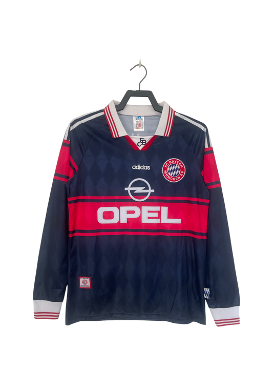 Navy and red sports jersey with Opel and Adidas logos on a hanger against a white background