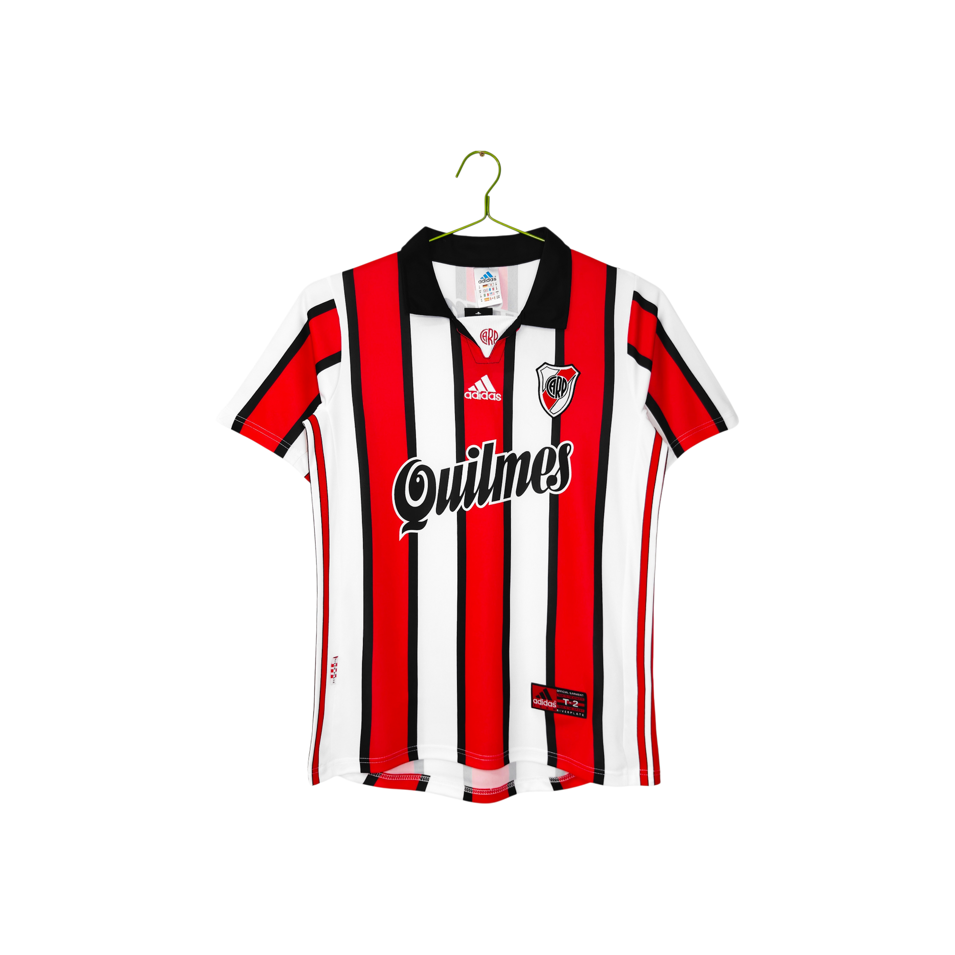 A vintage Adidas River Plate soccer jersey with red, black, and white vertical stripes, featuring the 'Quilmes' sponsor logo across the chest and an Adidas logo on the center of the neck, hanging on a green hanger against a white background.
