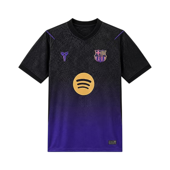 A short-sleeve FC Barcelona soccer jersey with a black-to-purple gradient design, featuring the Spotify logo on the front, the club crest on the chest, and a purple Nike logo.