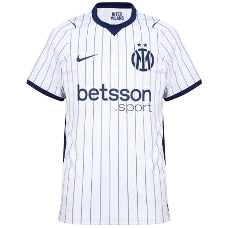 A white Inter Milan soccer jersey with thin navy blue pinstripes, featuring the Inter Milan club crest, a navy Nike swoosh, and the Betsson .sport sponsor logo on the front.