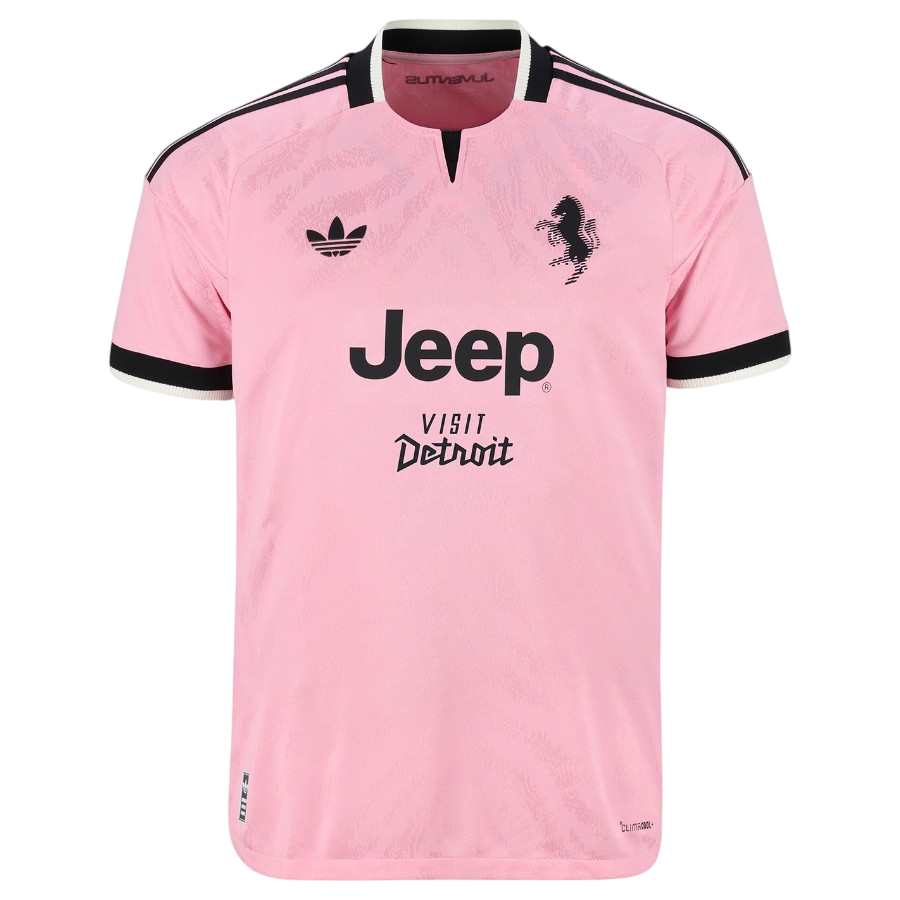 A light pink short-sleeve soccer jersey by Adidas, featuring the black Ferrari logo on the left chest, the black Adidas trefoil on the right chest, and 'Jeep' and 'Visit Detroit' printed in black on the front.