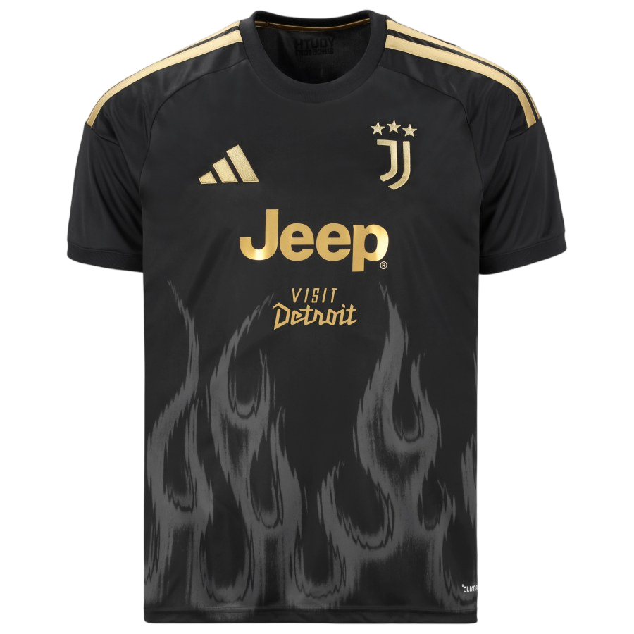 A black short-sleeve soccer jersey with gold accents, featuring the Juventus crest, gold logo, and gold Jeep sponsor logo. The jersey has a gold stripe pattern on the shoulders, a 'VISIT Detroit' text on the chest, and a dark gray flame pattern on the lower half.
