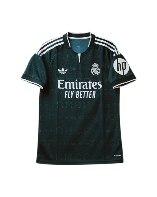 A dark green Real Madrid soccer jersey with white accents, featuring the Adidas logo, Emirates sponsor text, and HP logo on the sleeve, displayed against a solid white background.