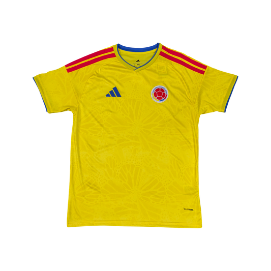 Yellow sports jersey with red stripes and a logo on a white background
