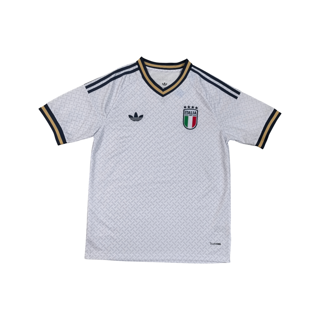 White sports jersey with Adidas logo and Italian flag on a white background