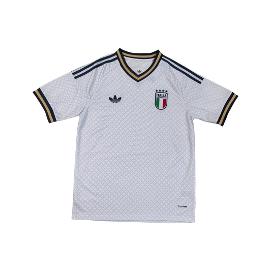 White sports jersey with Adidas logo and Italian flag on a white background