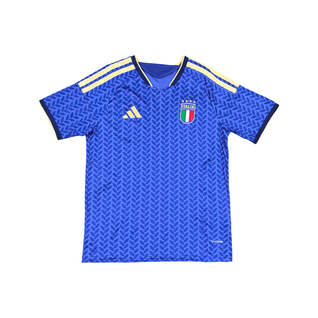 Blue sports jersey with yellow accents on a white background