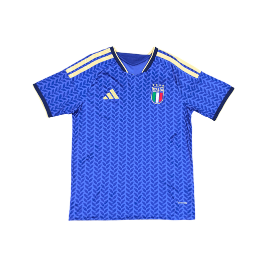 Blue sports jersey with yellow accents on a white background