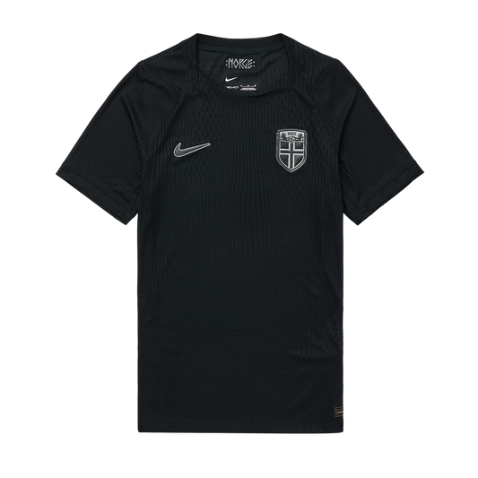 A black Nike short-sleeve soccer jersey with a subtle vertical ribbed texture, featuring a white Nike swoosh on the right chest and the Norwegian national team crest on the left chest.
