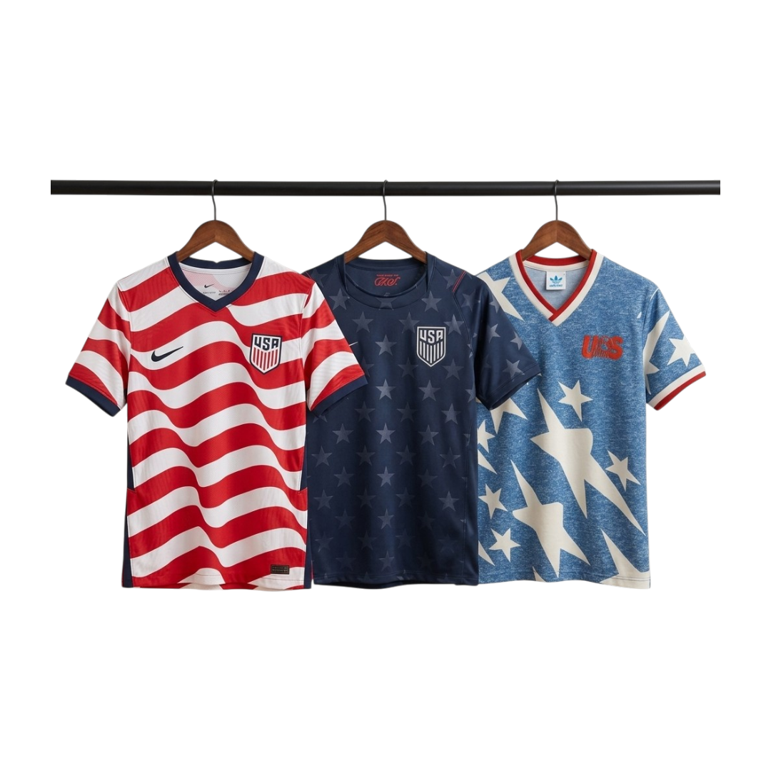 Three sports jerseys with American flag design on hangers against a white background
