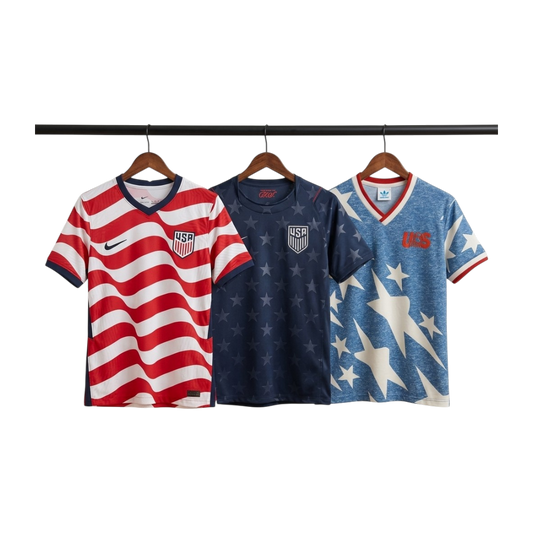 Three sports jerseys with American flag design on hangers against a white background