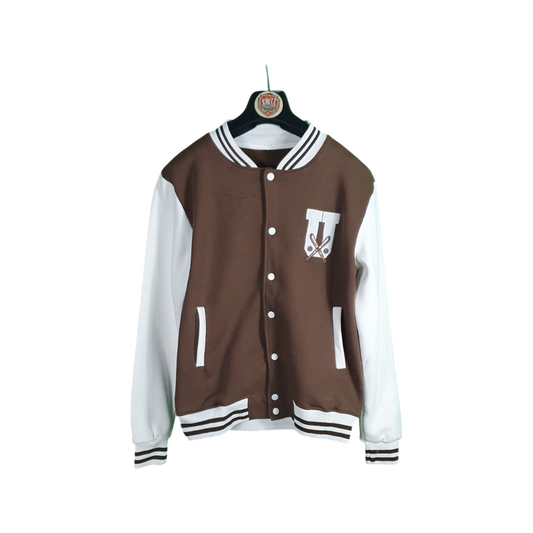 Brown and white varsity jacket on a hanger against a white background
