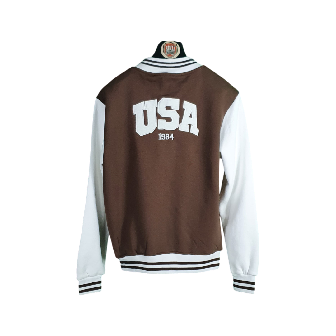 Brown and white jacket with 'USA 1984' text on a white background