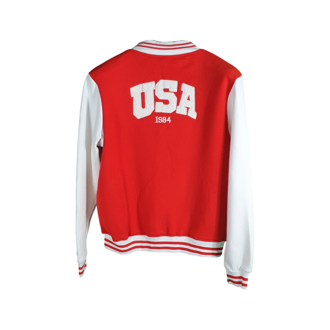 Red and white jacket with 'USA 1984' text on a white background