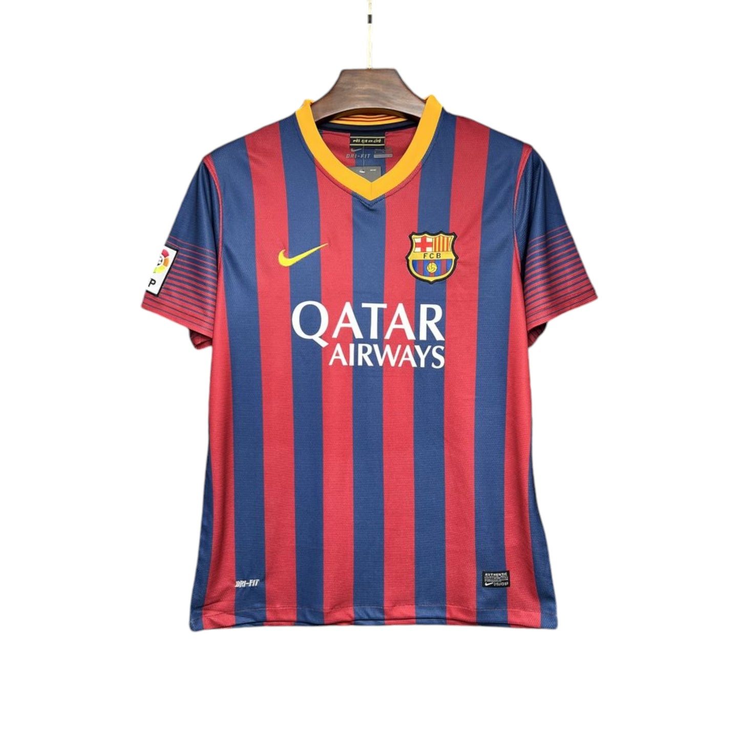 FC Barcelona 2013/2014 Home Jersey, with vertical red and blue stripes, the club's crest, and Qatar Airways sponsorship logo