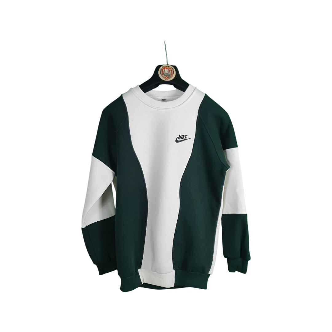 Green and white sweatshirt with Nike logo on a hanger against a white background