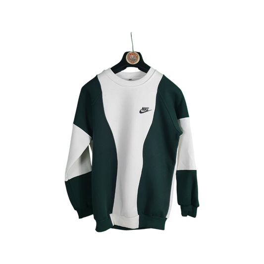 Green and white sweatshirt with Nike logo on a hanger against a white background