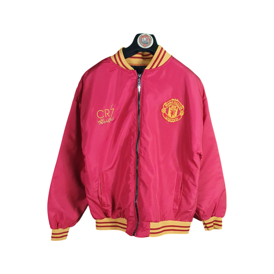 Pink jacket with yellow accents and logos on a white background