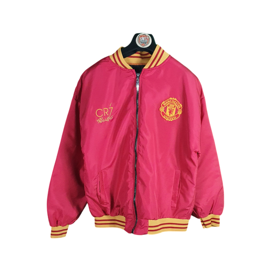 Pink jacket with yellow accents and logos on a white background