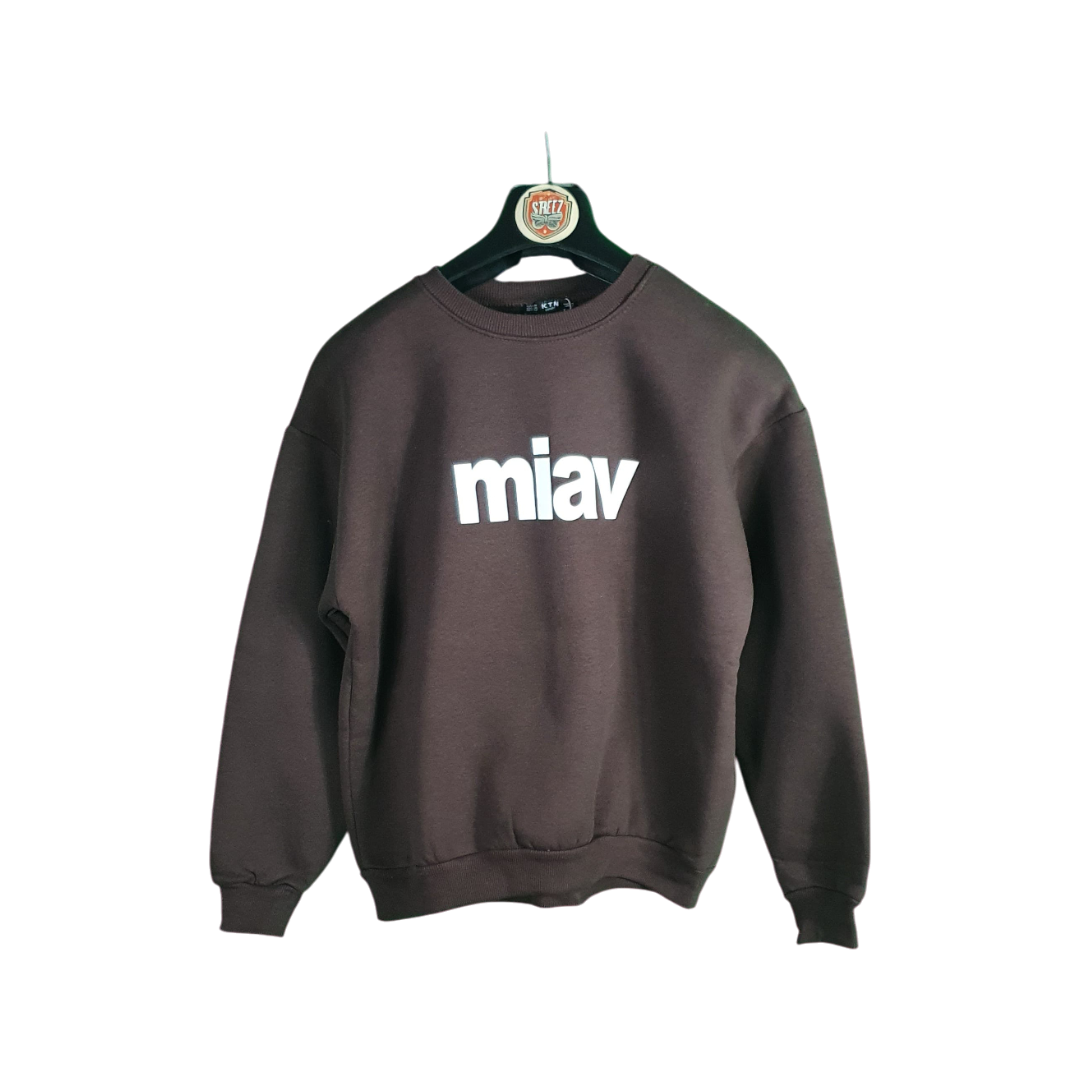 Brown sweatshirt with 'miav' logo on a hanger against a white background