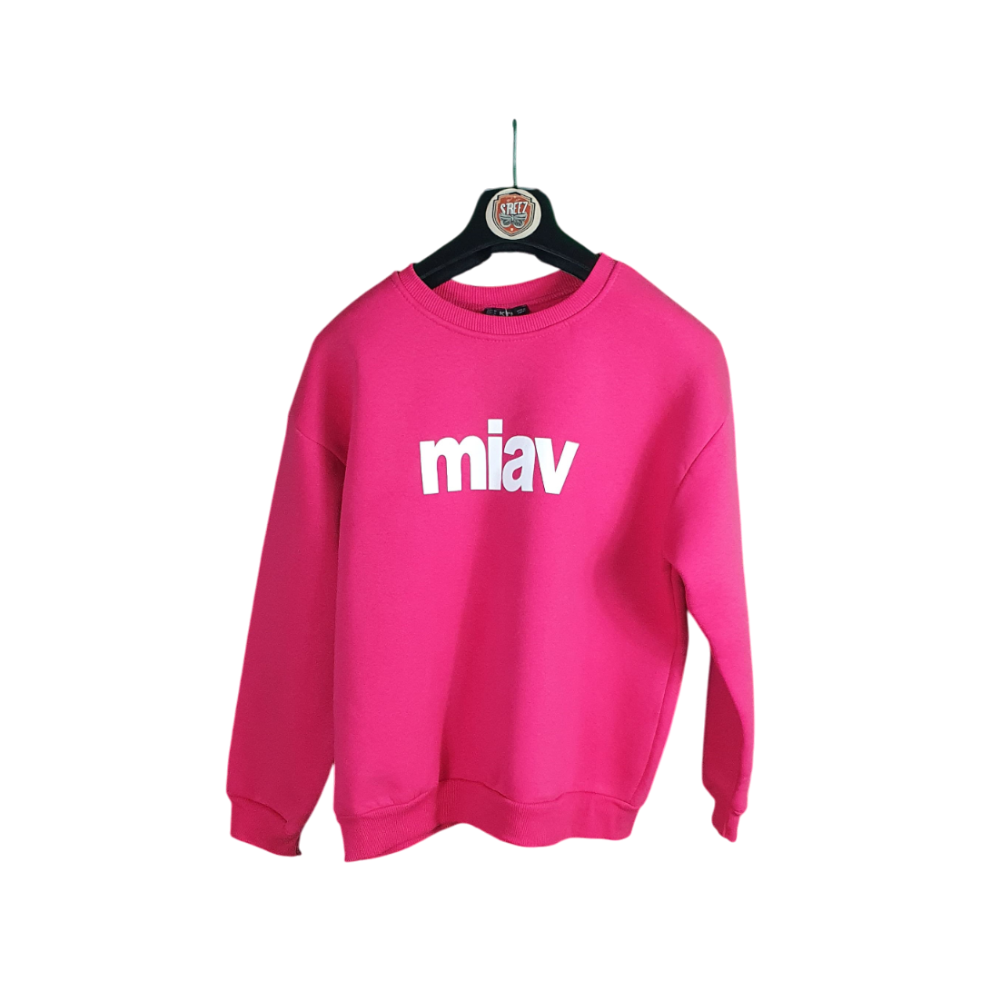 Pink sweatshirt with 'miav' logo on a hanger against a white background