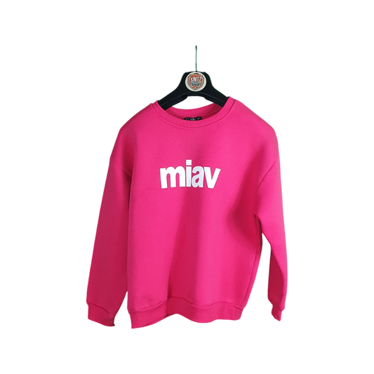 Pink sweatshirt with 'miav' logo on a hanger against a white background