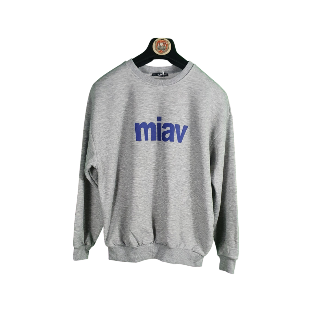 Gray sweatshirt with 'miav' logo on a hanger against a white background