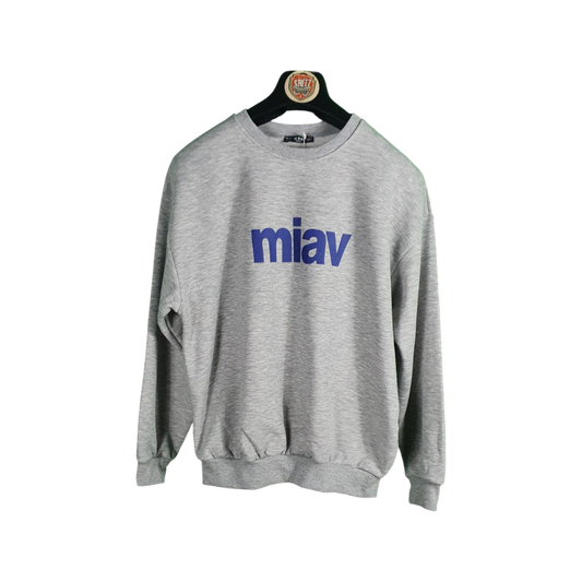 Gray sweatshirt with 'miav' logo on a hanger against a white background