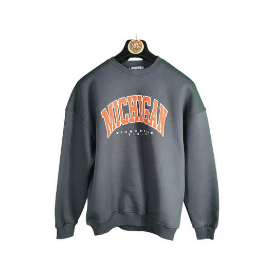 Gray sweatshirt with 'Michigan' printed on it, hanging on a white background
