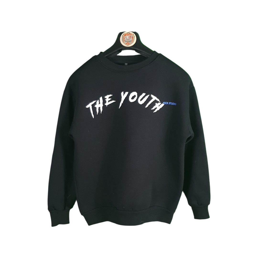 Black sweatshirt with 'THE YOUTH' text on a white background