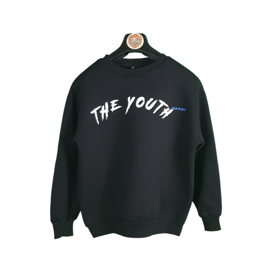 Black sweatshirt with 'THE YOUTH' text on a white background
