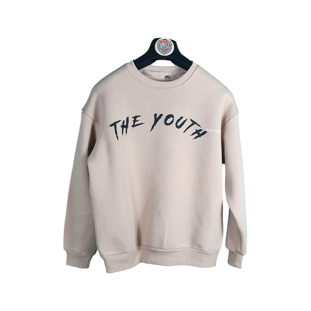 Beige sweatshirt with 'THE YOUTH' text on a white background