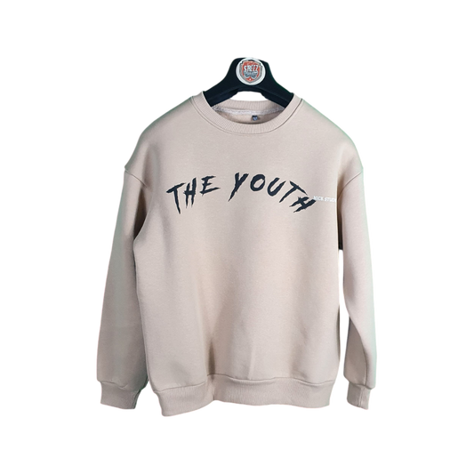 Beige sweatshirt with 'THE YOUTH' text on a white background