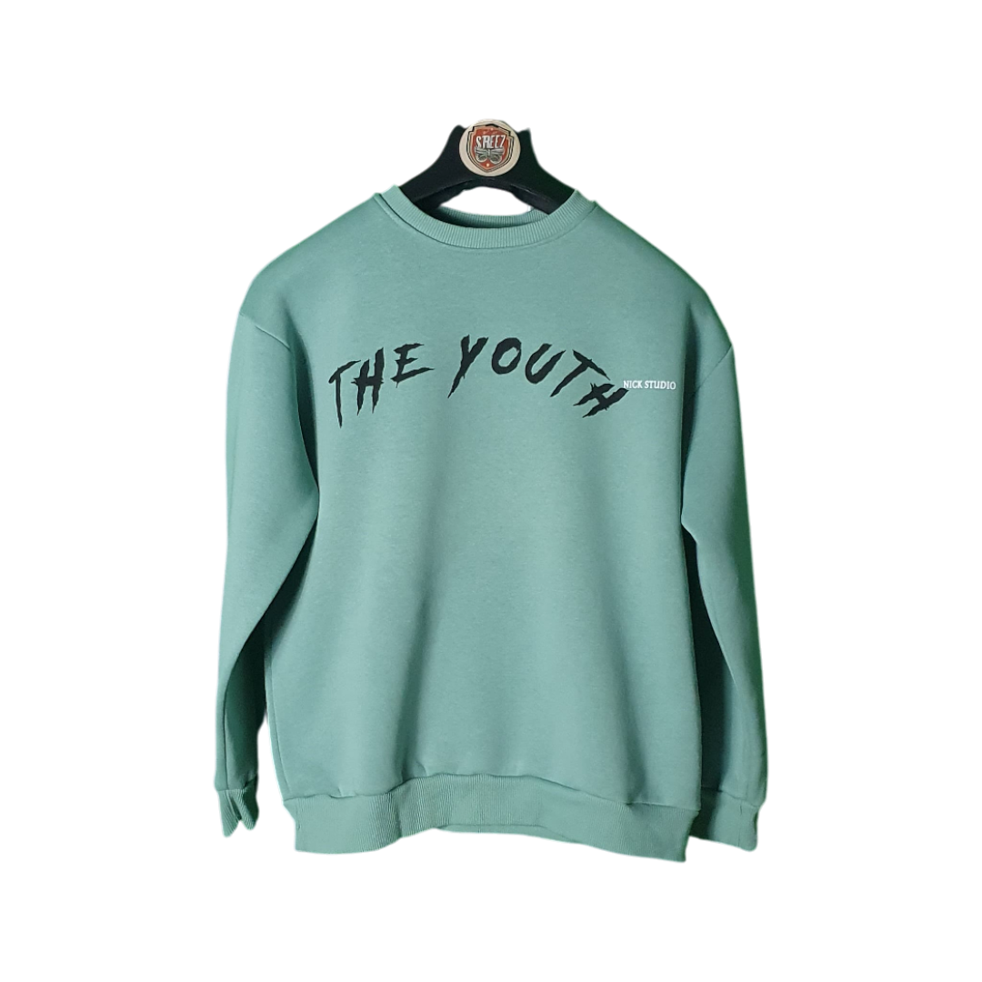 Green sweatshirt with 'THE YOUTH' text on a hanger against a white background