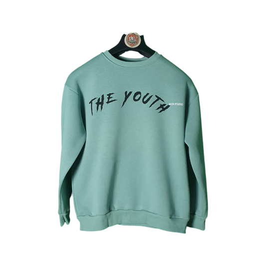 Green sweatshirt with 'THE YOUTH' text on a hanger against a white background