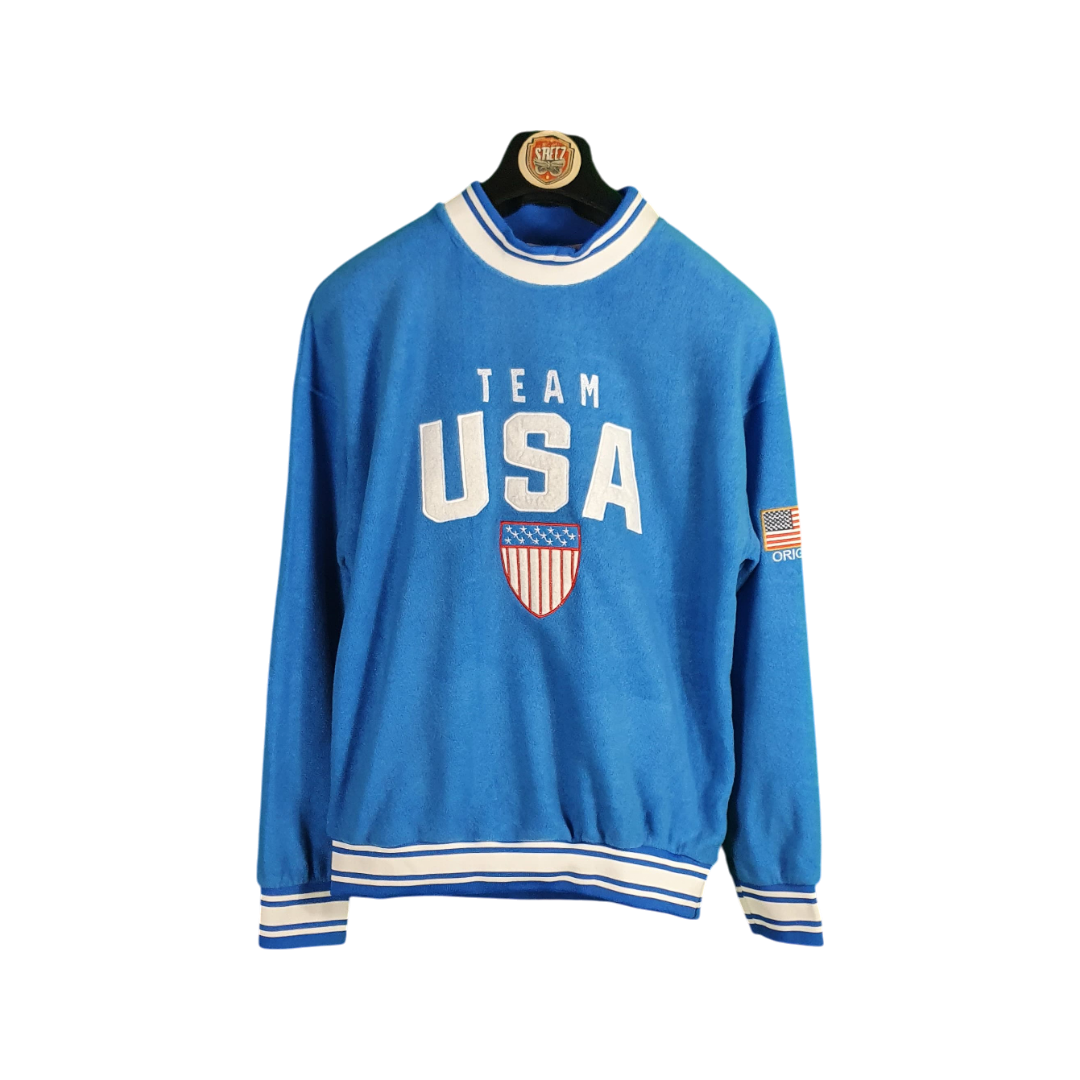 Blue sweatshirt with 'Team USA' text and logo on a white background