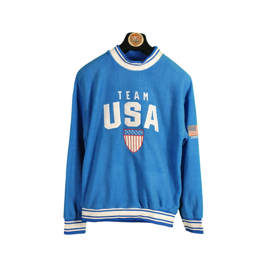 Blue sweatshirt with 'Team USA' text and logo on a white background