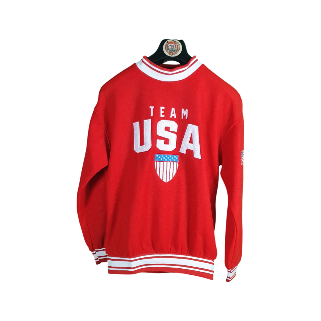 Red sweatshirt with 'Team USA' text on a white background