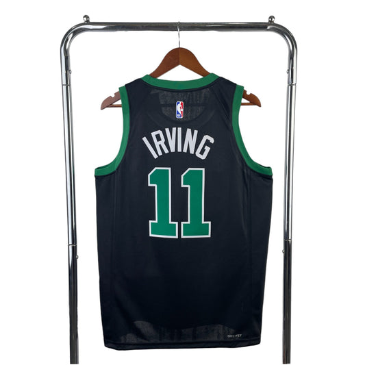 Back view of black Boston Celtics jersey for Kyrie Irving, featuring City edition style.